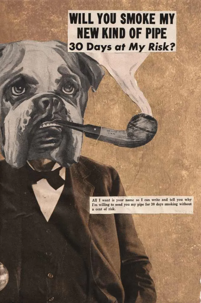 A surreal analog collage greeting card with a dog holding a pipe.