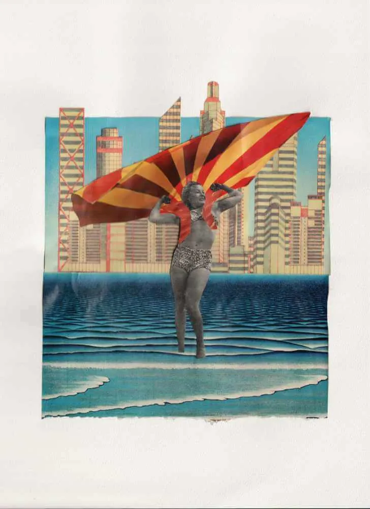 A blank-inside greeting card printed from Golden Age Gal analog collage.