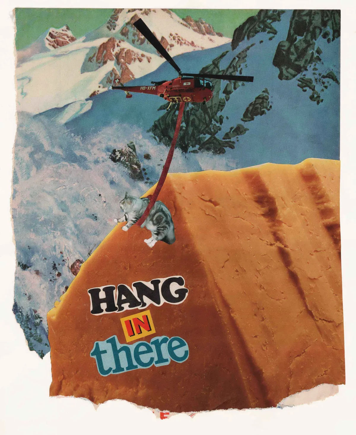 A hand-cut analog collage greeting card with Hang in There artwork.