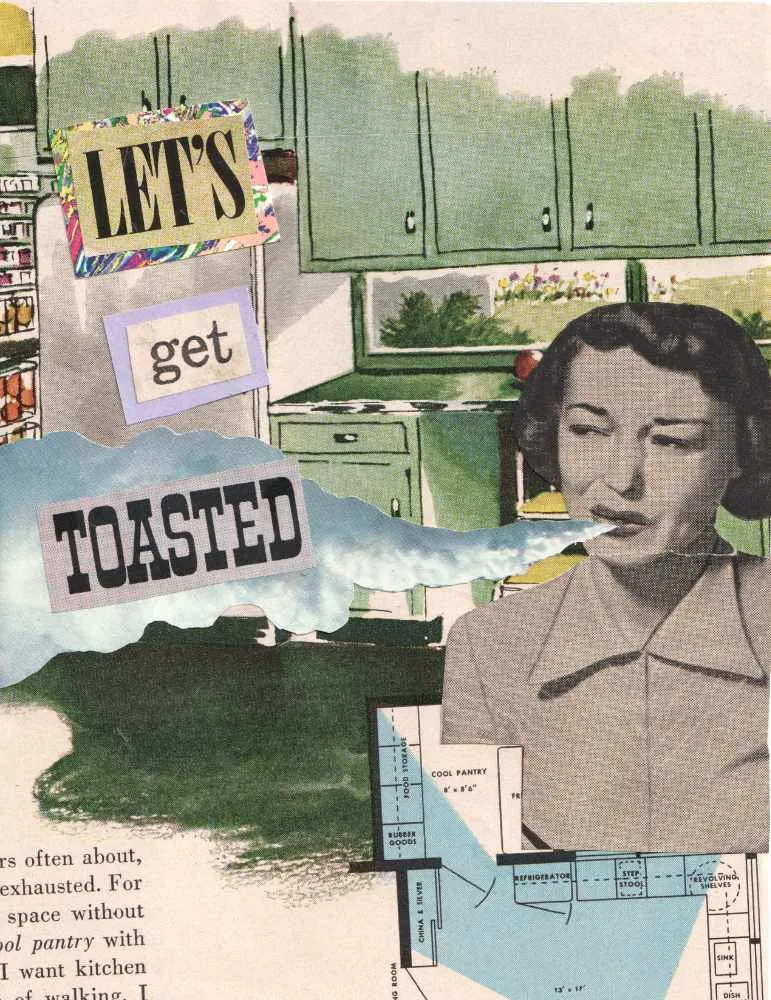 A funny analog collage greeting card with toast-themed imagery.