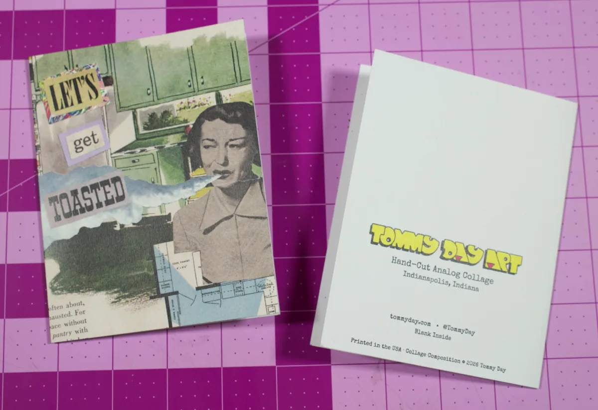 The front and printed back of Let's Get Toasted greeting cards on a pink cutting mat.