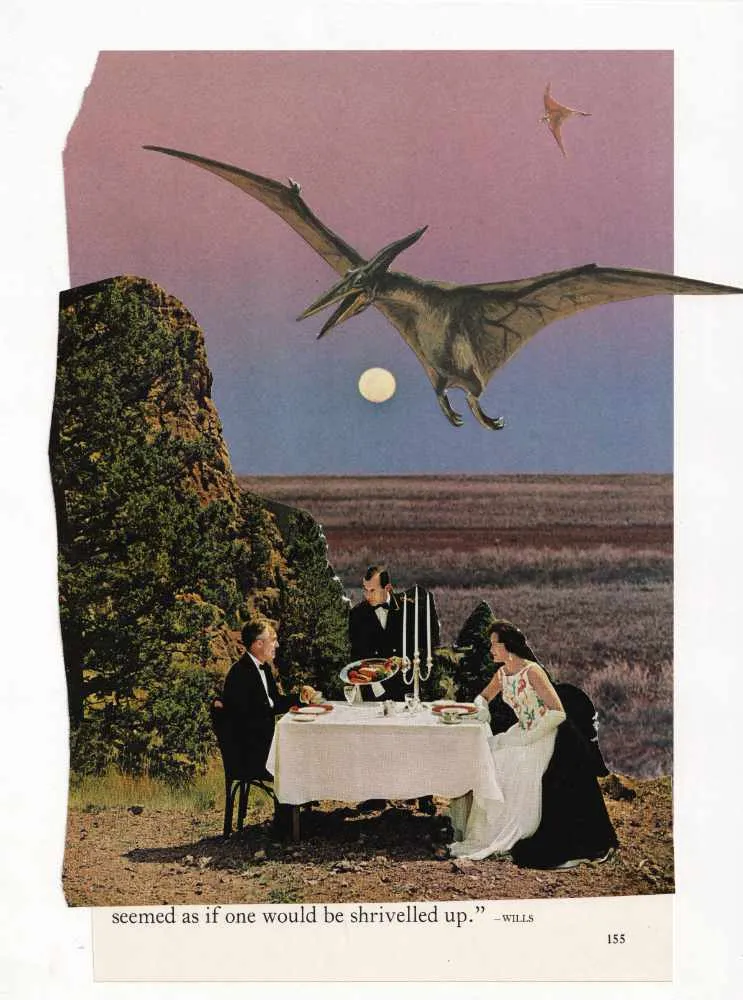 A blank-inside greeting card printed from The Dinner Guest analog collage.