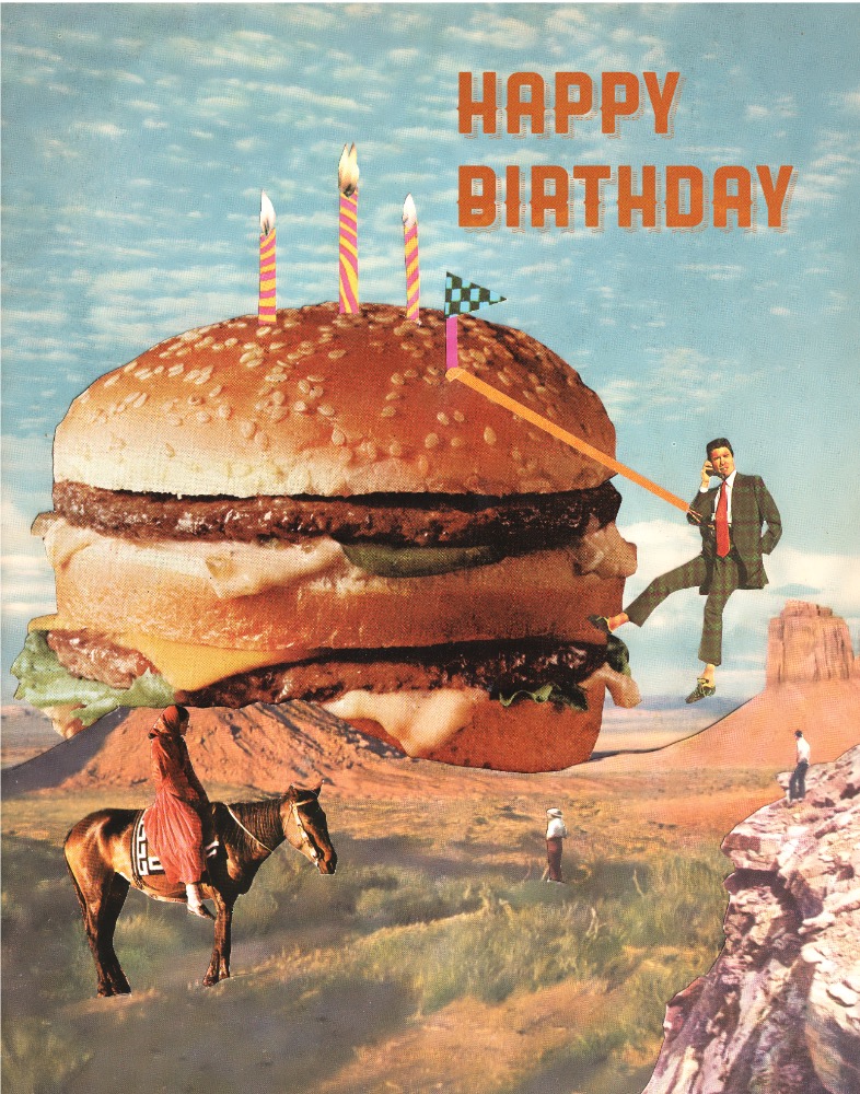 A funny burger-themed birthday greeting card.