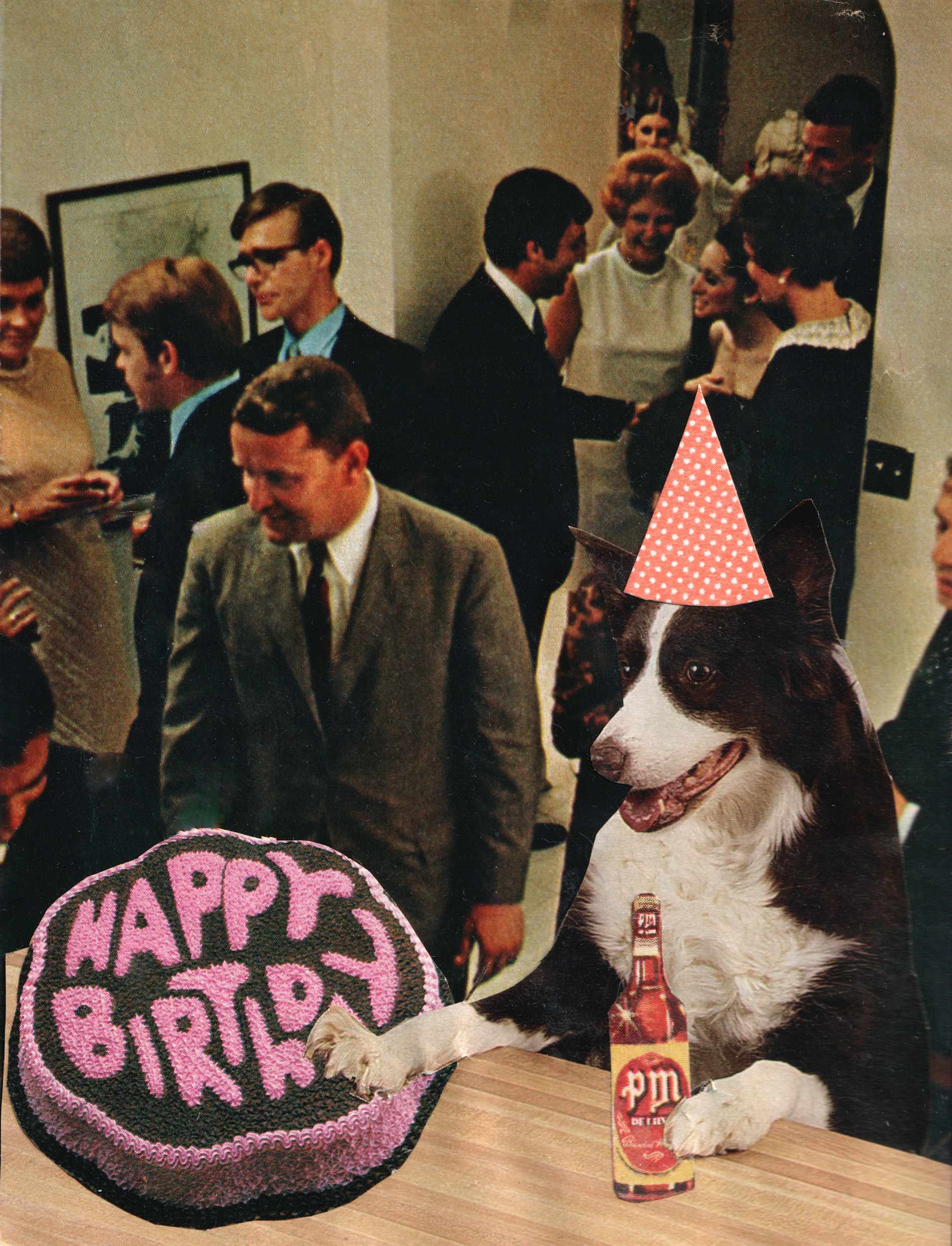 A funny birthday greeting card with a party dog and birthday cake.